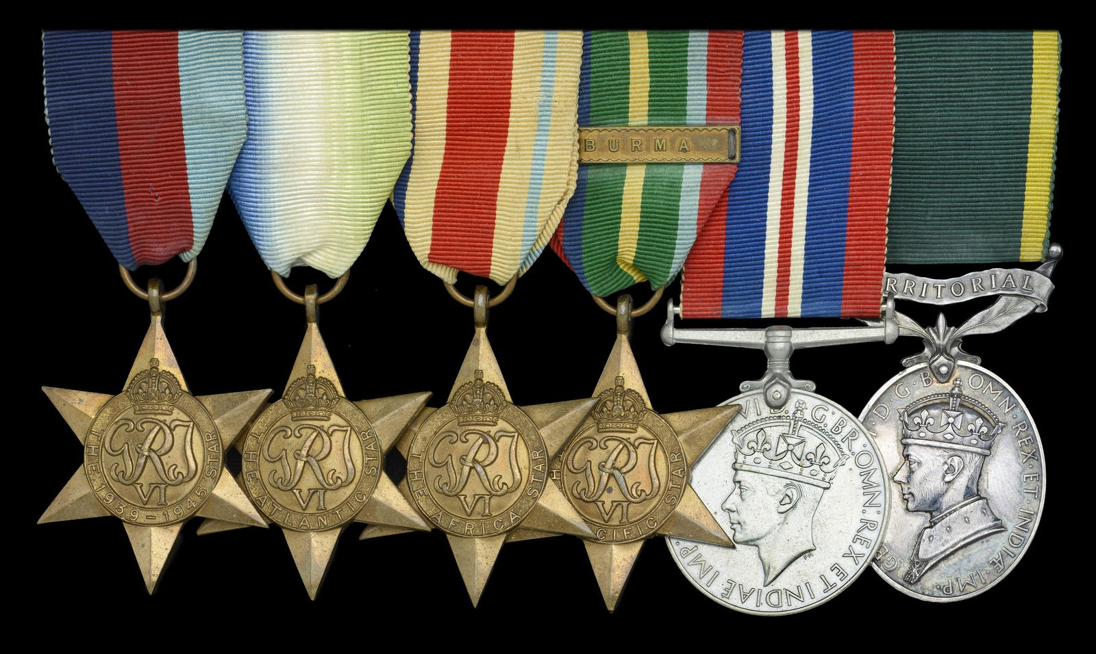 Campaign Groups and Pairs: Six: Trooper T. McGill, Lothians and Border Horse 1939-45 Star; Atlantic Star; Africa Star; Pacific Star, 1 clasp, Burma; War Medal 1939-45; Efficiency Medal, G.VI.R., 1st issue, Territorial (7884642.