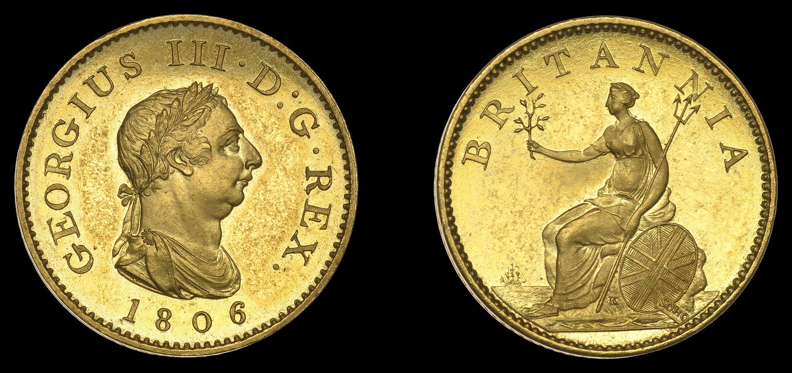 British Coins from Various Properties: George III (1760-1820), Pre-1816 issues, Proof Farthing, 1806 (early Soho), in gilt-copper, edge centre-grained, 4.78g/6h (BMC 1387 [KF 13]; Selig 1437; S 3782). Brilliant, about as struck, scarce&pou