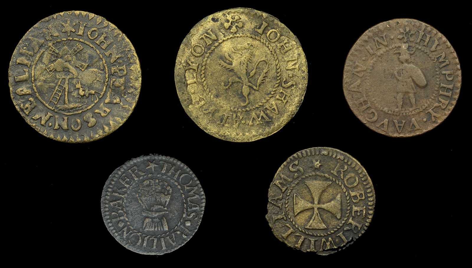 The Collection of London 17th Century Tokens formed by: Middlesex (Metropolitan), White Hart Yard [The Strand], John Pearson, Halfpenny, 0.96g/9h (N 9063, this piece noted; BW. 3492), Humphry Vaughan, Halfpenny, 1666, 2.79g/12h (N 9335; BW. 3494); White Ho