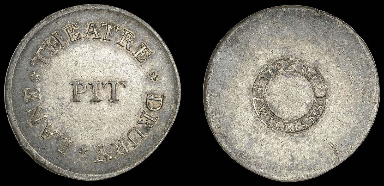 Tickets and Passes of London from the David Young: Theatre and Entertainment, DRURY LANE, Theatre Royal, Third Theatre, plated brass, drury lane theatre around pit, rev. john williams between two concentric circles, 39mm, 9.78g (W 206, this piece illu