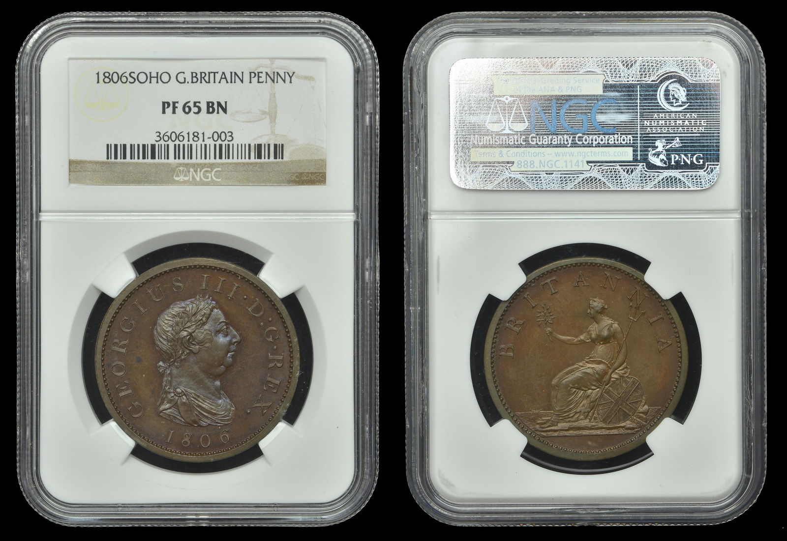 British Coins: George III (1760-1820), Pre-1816 issues, Proof Penny, 1806 (late Soho), in copper, edge centre-grained, 12h (BMC 1327 [KP 31]; Selig 1304; S 3780). Virtually as struck [slabbed NGC PF 65 BN] £50