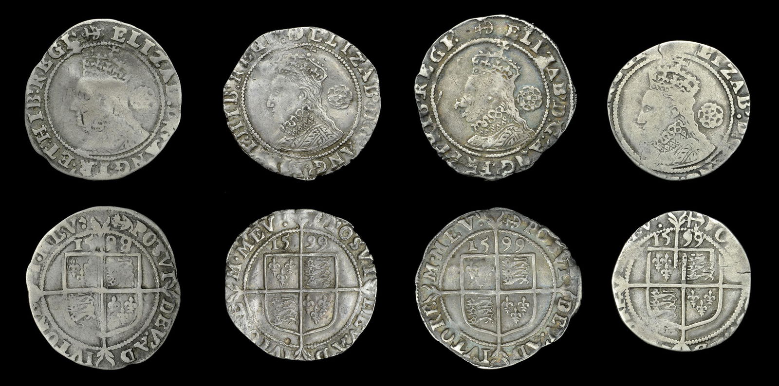 British Coins: Sixth issue (1 February 1582/3 to 20 May: Elizabeth I (1558-1603), Sixth issue, Sixpences (4), 1599/8, mm. anchor (over key), 2.63g/11h, 1599 (3), all mm. anchor, 2.73g/3h, 2.40g/10h, 2.25g/5h, all bust 6C, read elizab d g ang fr et hib regi