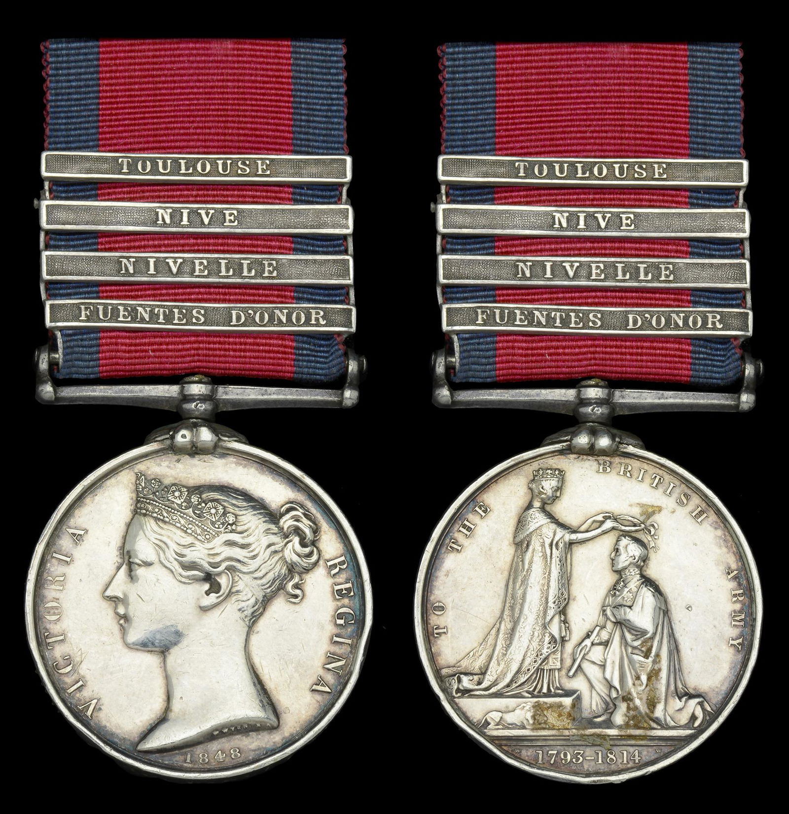 Single Campaign Medals: Military General Service 1793-1814, 4 clasps, Fuentes Dâ€™Onor, Nivelle, Nive, Toulouse (John Ford, Lieut. 79th Foot.) edge bruising and contact marks, otherwise nearly very fine £1,800-&po