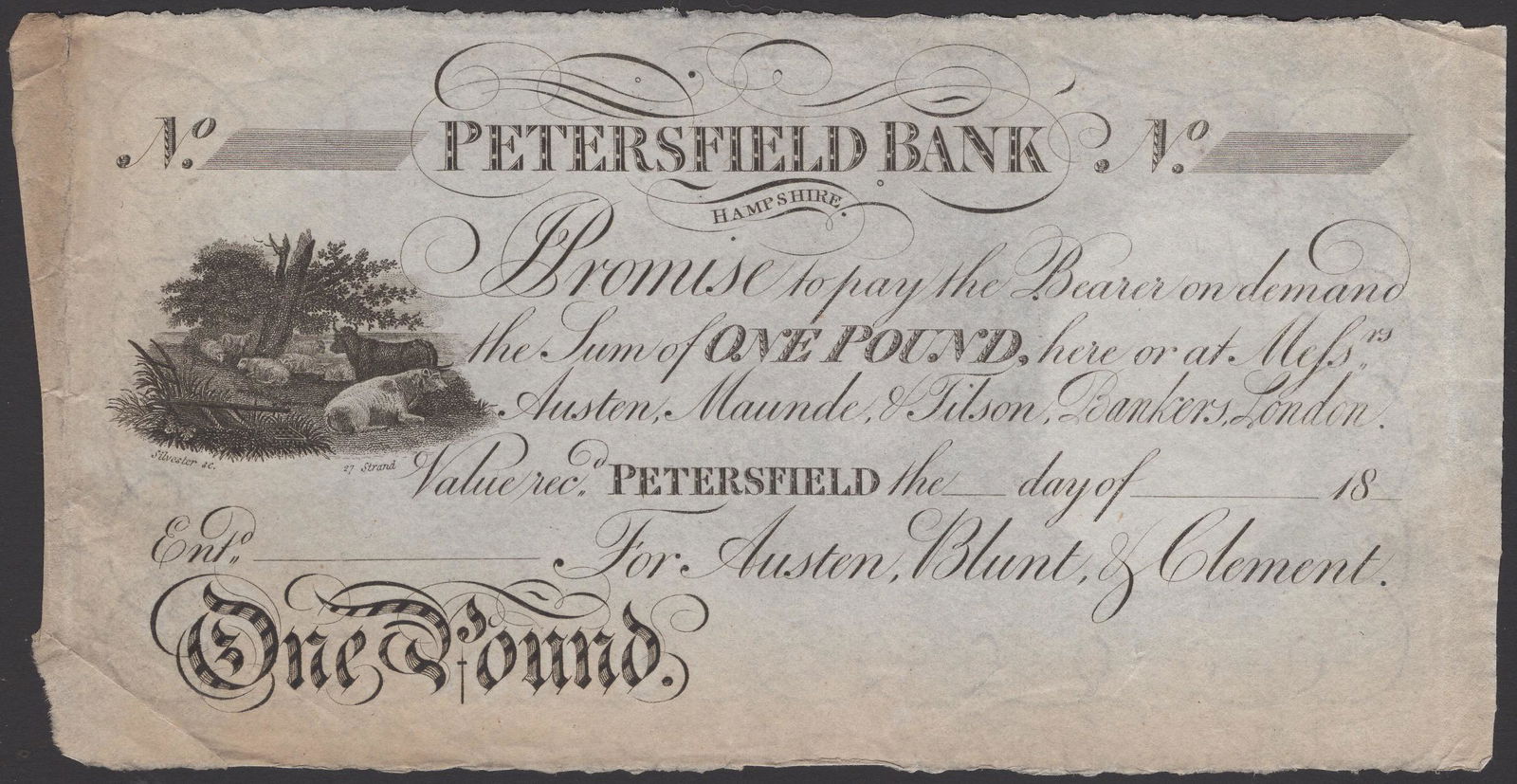 British Banknotes: Petersfield Bank, for Austen, Blunt & Clement, unissued £1, 18-, toned and folded along left margin, but an attractive extremely fine exampleOuting 1700 for bank, this exact partnership not list