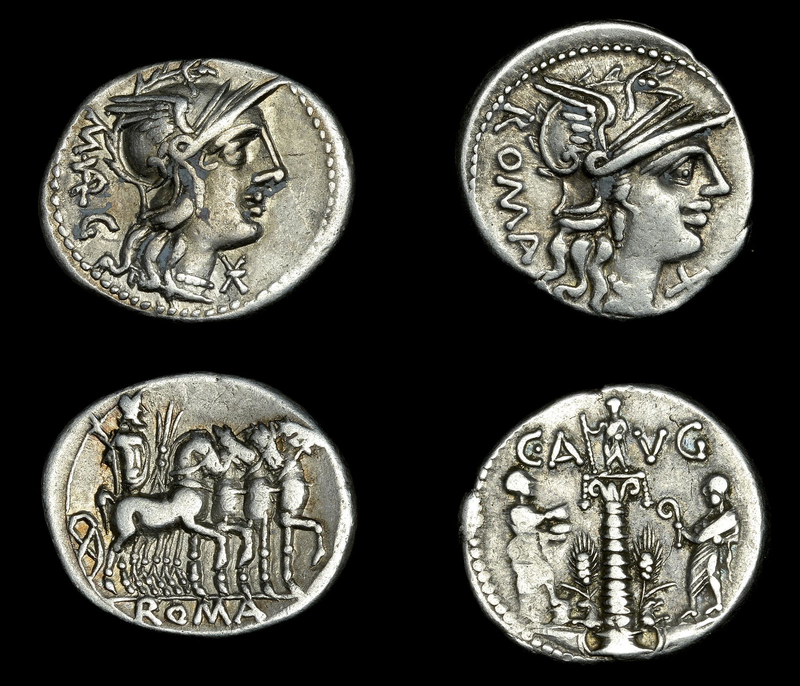 Roman Coins from Various Properties: Roman Republican Coinage, Denarii (2), C. Minucius Augurinus, c. 134, helmeted head of Roma right, rev. two togate figures standing by Ionic column surmounted by statue, 3.88g (Craw. 242/1; RSC 3); M.