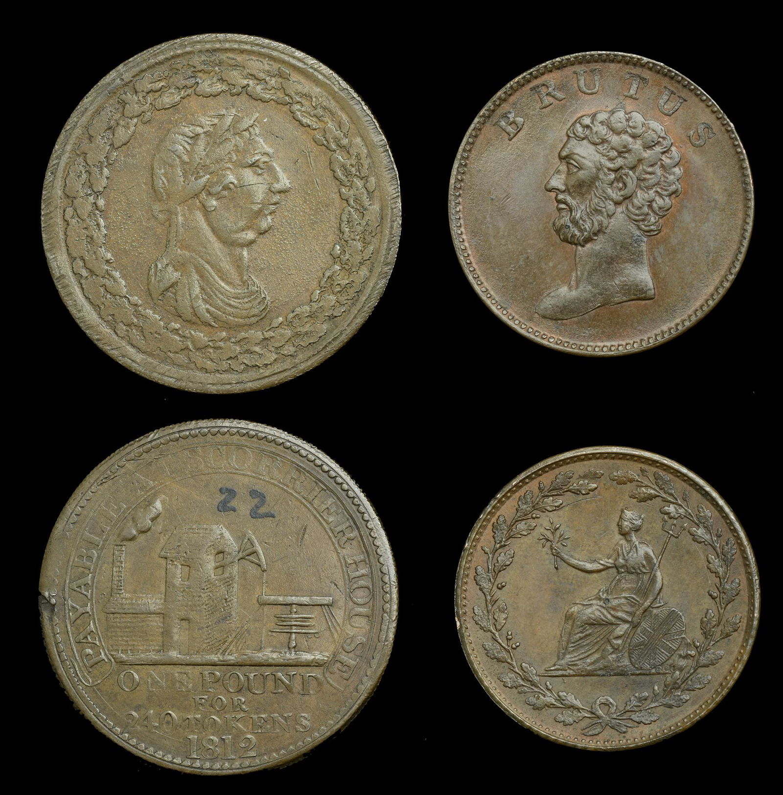 British Tokens from Various Properties: 19th Century Tokens, CORNWALL, Redruth, Scorrier House, John Williams, mule Penny, 18.85g/6h (W 688a); GLAMORGANSHIRE, Landore, British Copper Co, Halfpenny, Brutus type, 8.85g/5h (W 620a) [2]. First