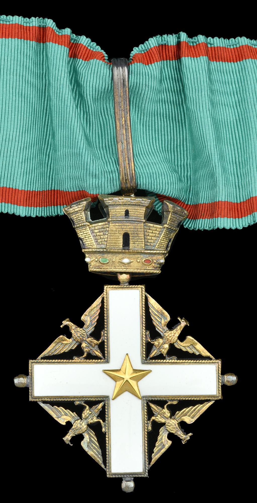 World Orders and Decorations: Italy, Republic, Order of Merit of the Italian Republic, Commanderâ€™s neck badge, 76mm including tower suspension x 57mm, gilt and enamel, with neck riband and lapel rosette, in Arturo Pozzi, Ro