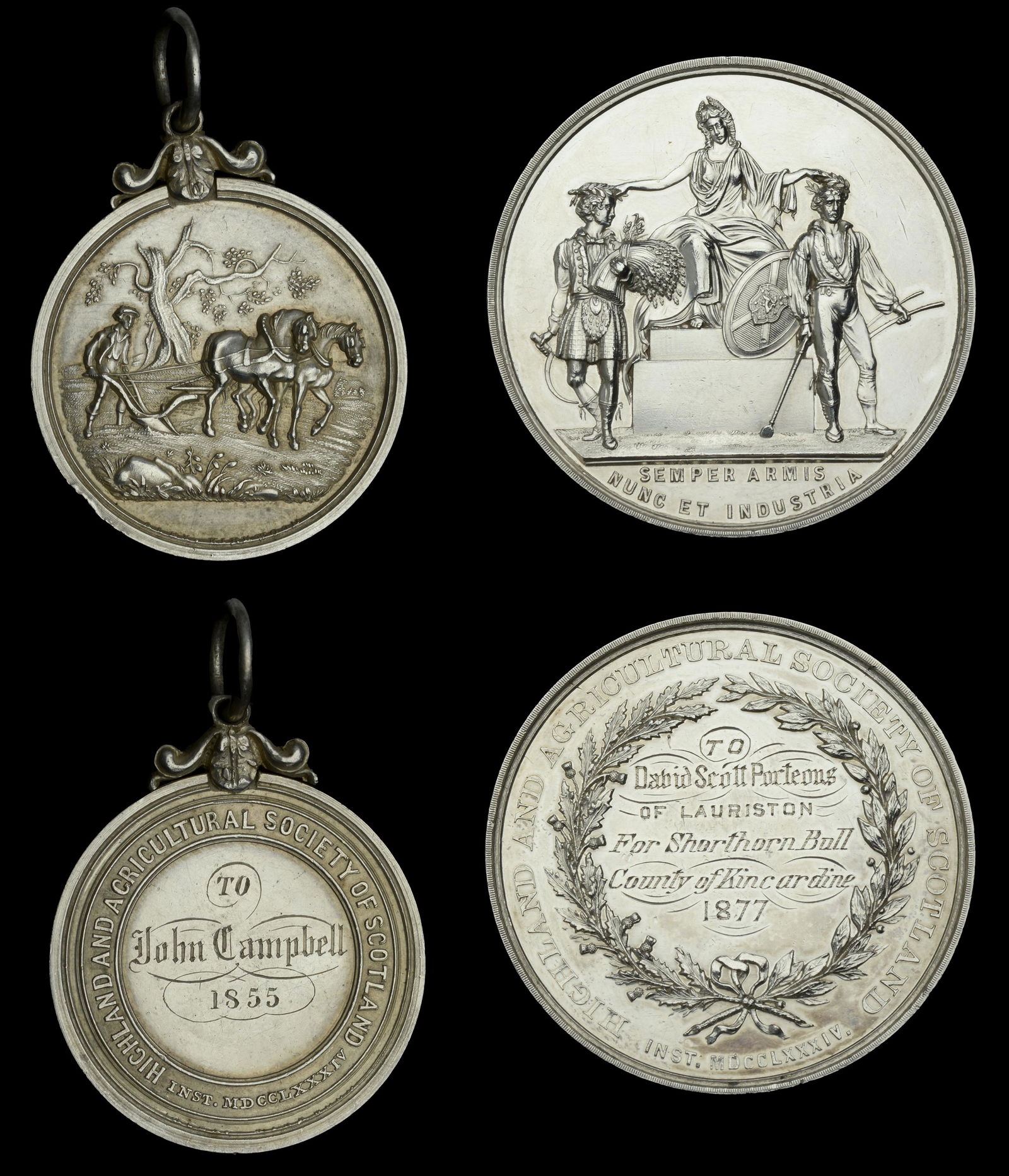A Small Collection of Agricultural Medals: Scotland, Highland and Agricultural Society of Scotland, silver award medals (2), by A. Kirkwood, named (To John Campbell, 1855), 35mm; unsigned, named (To David Scott Porteous of Lauriston for Shorth