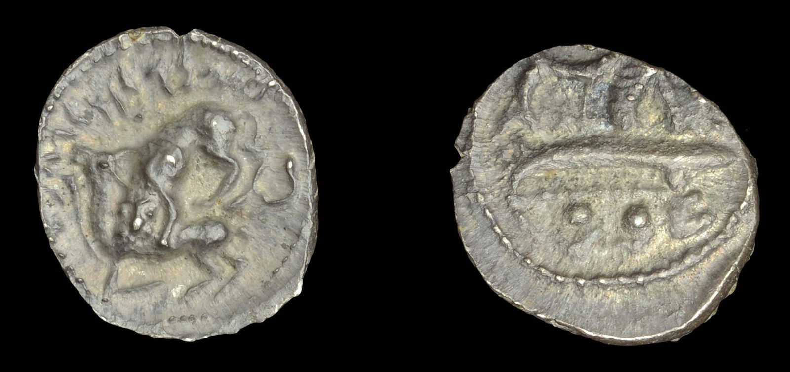 Ancient Coins from the Collection of the late Richard: Greek Coinages, PHOENICIA, Byblos, Enylos, Sixteenth-Shekel, two hoplites in galley left, hippocamp below, rev. lion preying on stag left, 0.81g (BMC 8-9; Sear 6010). Obverse struck slightly off-centr