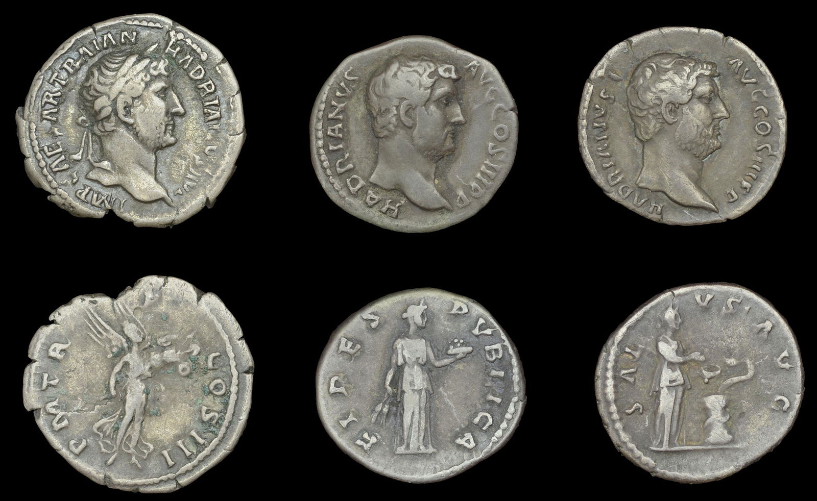 Ancient Coins from the Collection of the late Richard: Roman Imperial Coinage, Hadrian, Denarii (3), all Rome, 120-1, rev. Victory flying left with trophy, 2.52g (RIC 396 [101]; RSC 1131); 133-5, rev. Salus standing right feeding serpent, 3.37g (RIC 2048