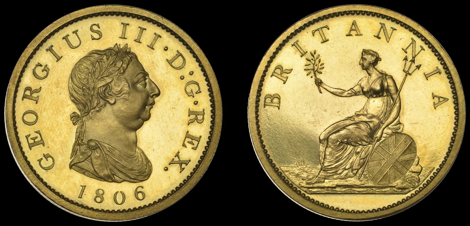 The Martyn Alan Eeley-Hardcastle Collection of British: George III (1760-1820), Pre-1816 issues, Proof Penny, 1806 (late Soho), in gilt-copper, edge centre-grained, 18.77g/12h (BMC 1325 [KP 31]; Selig 1302; S 3780). Brilliant, virtually as struck, most att
