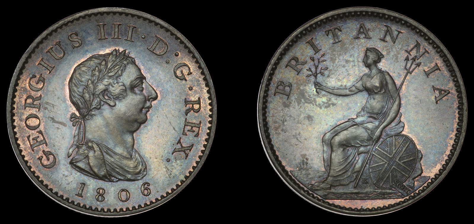 The Martyn Alan Eeley-Hardcastle Collection of British: George III (1760-1820), Pre-1816 issues, Proof Farthing, 1806 (early Soho), in copper, edge centre-grained, 4.70g/6h (Cooke 279; BMC 1389 [KF 13]; Selig 1439; S 3782). Good extremely fine £150-&