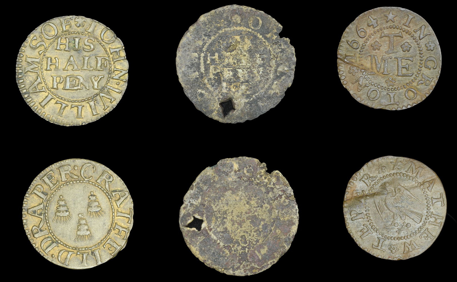 The Collection of 17th Century Tokens formed by the: Suffolk, Cavendish, James Ellis, Halfpenny, 1669, 0.87g/12h (N 4301; BW. 89); Cratfield, John Williams, Halfpenny, 0.92g/6h (N 4314; BW. 105); Groton, Mathew Teper, Farthing, 1664, 0.93g/6h (N 4334; B