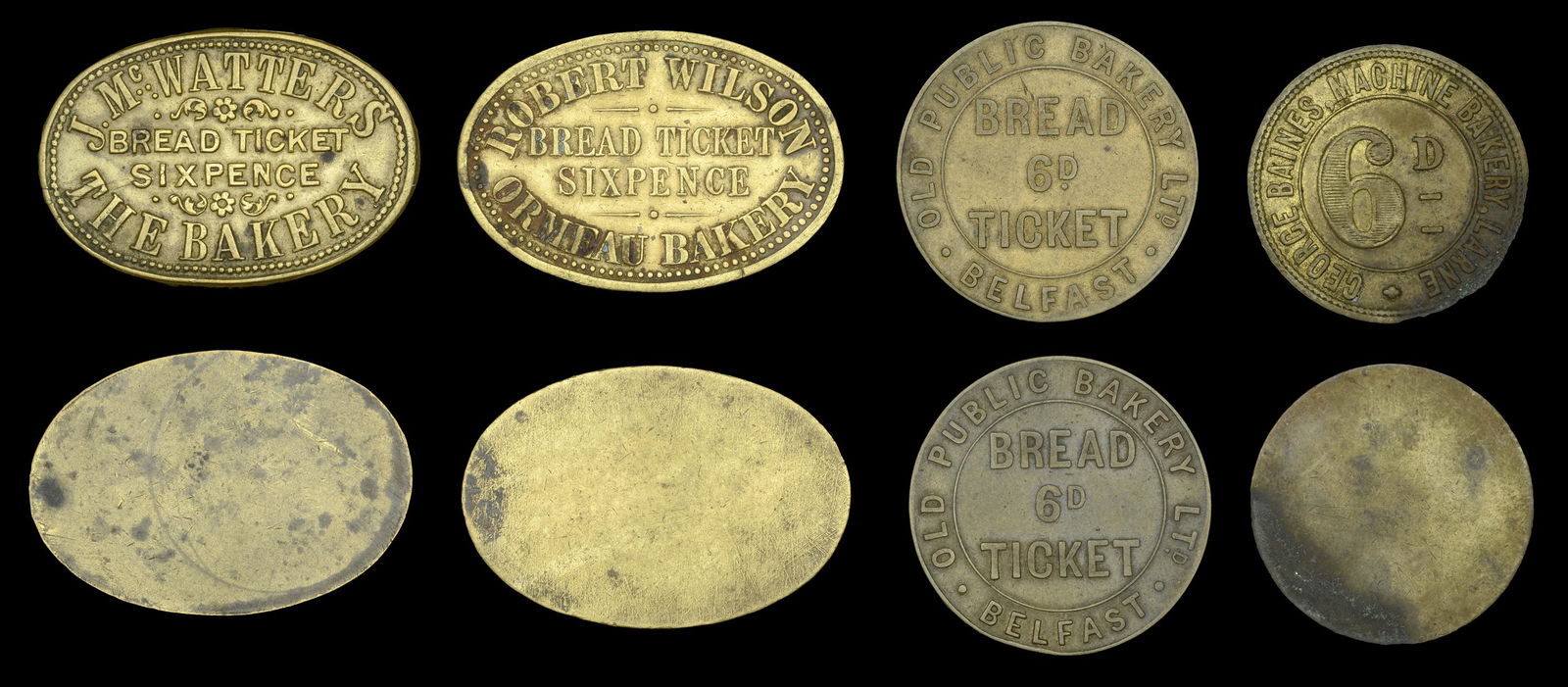 Irish Tokens from the Collection of the late Barry: Miscellaneous Tokens and Checks, Co ANTRIM, Belfast, The Bakery, J. McWatters, uniface oval brass Sixpence, 39 x 27mm, Old Public Bakery Ltd, brass Sixpence, 32mm, Ormeau Bakery, Robert Wilson, unifac