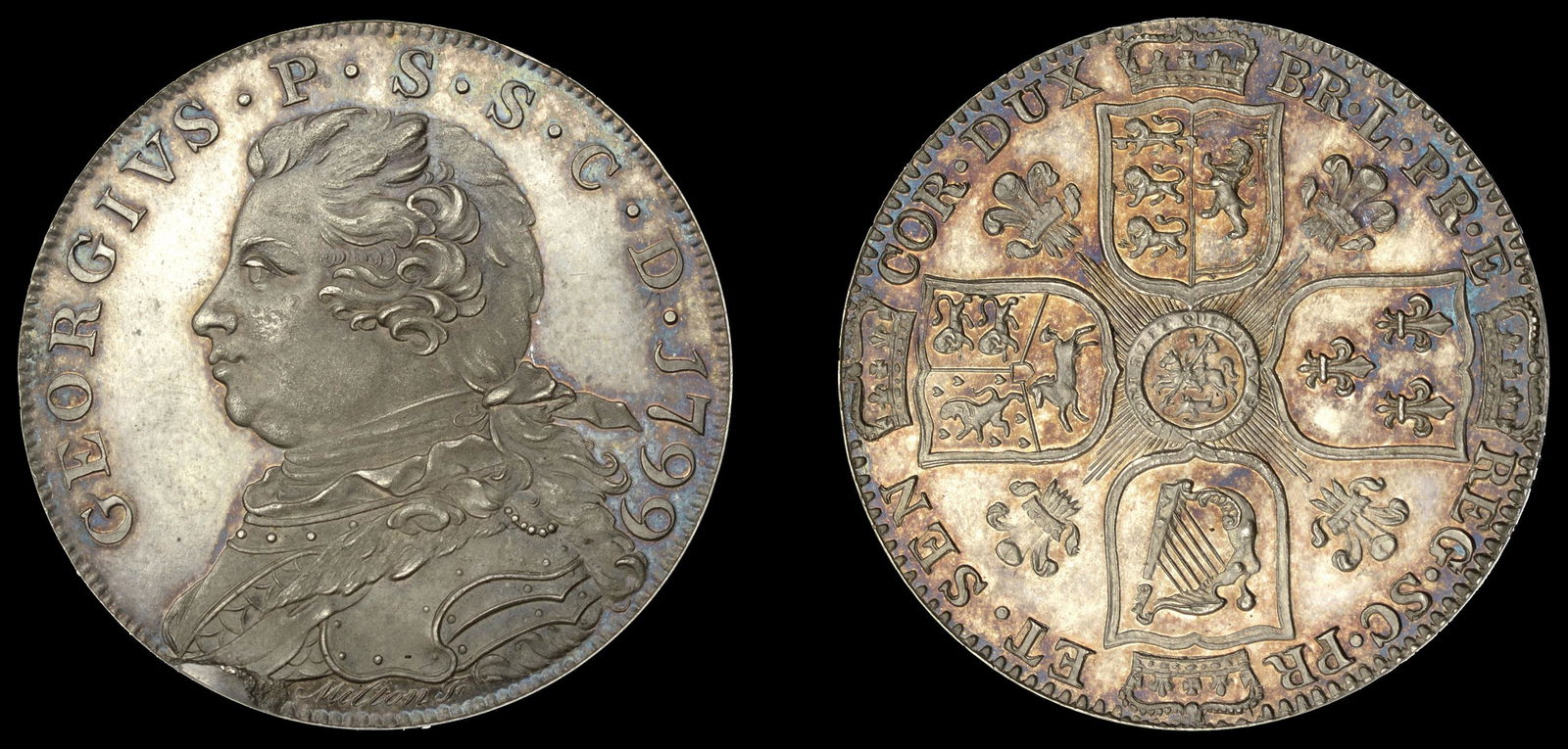 British Tokens from Various Properties: 18th Century Tokens, AYRSHIRE, Ayr, William Fullarton, Restrike Pattern Halfpenny [or Eighteen Pence], 1799, by W.J. Taylor from dies by J. Milton, in silver, bust of Prince of Wales left, cud under b