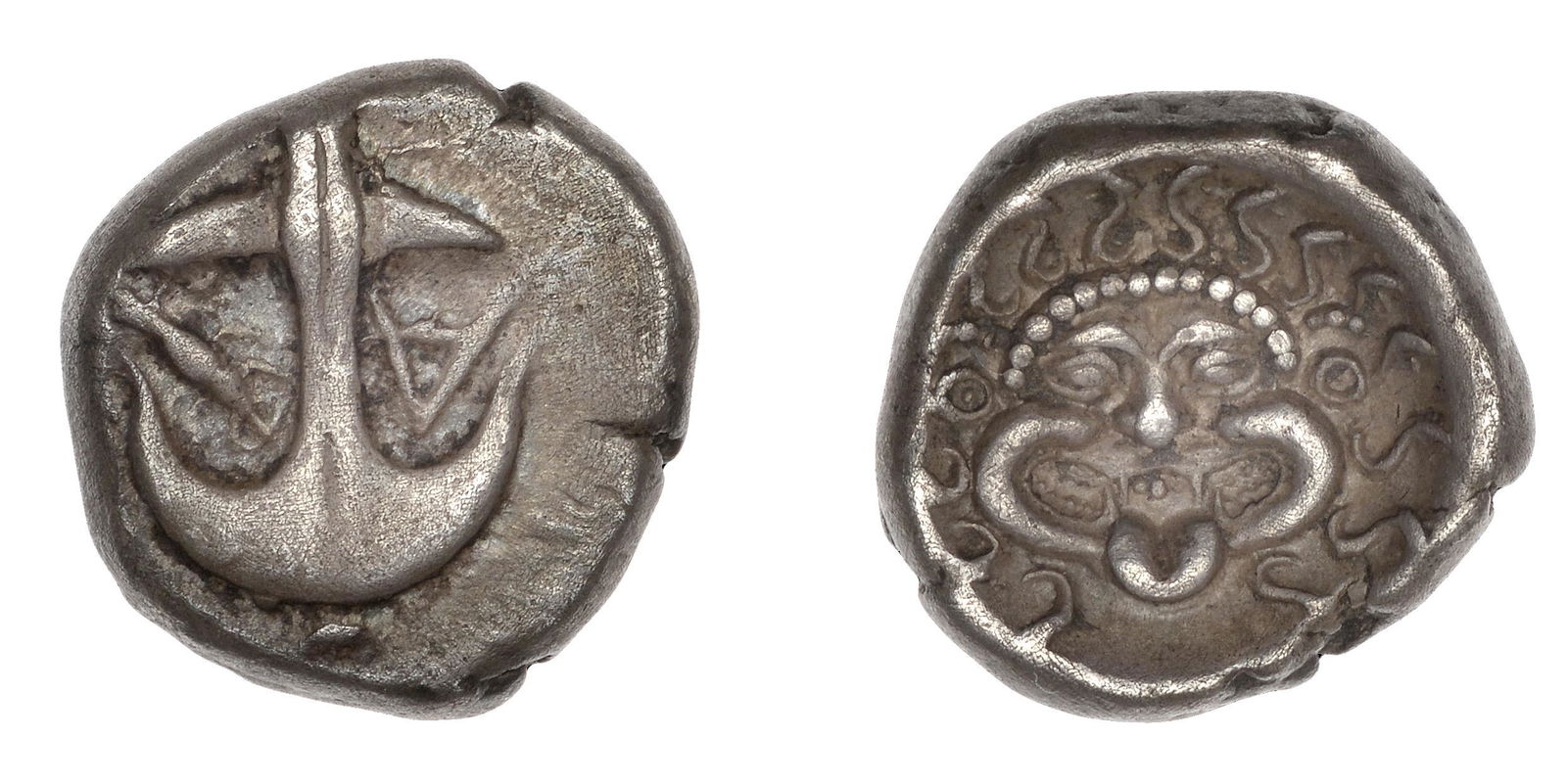 Ancient Coins from Various Properties: Greek Coinages, THRACE, Apollonia Pontica, Drachm, 480-450, anchor, flanked by crayfish and a, rev. Gorgoneion facing, 3.35g (SNG BM 157; McClean 7314 var. [control marks]; Pozzi 2561 var. [same]). St
