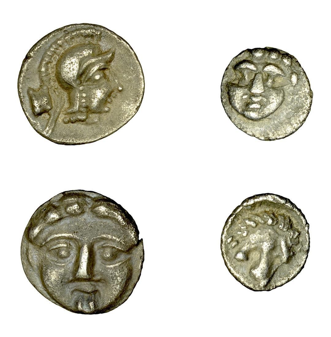 Ancient Coins from Various Properties: Greek Coinages, PISIDIA, Selge, Obol, 350-300, Gorgoneion facing, rev. helmeted head of Athena right, astragalos behind, 0.89g (SNG France 1930; McClean 9014-15; BMC 7; Pozzi Sale, 2804); Obol, 250-19