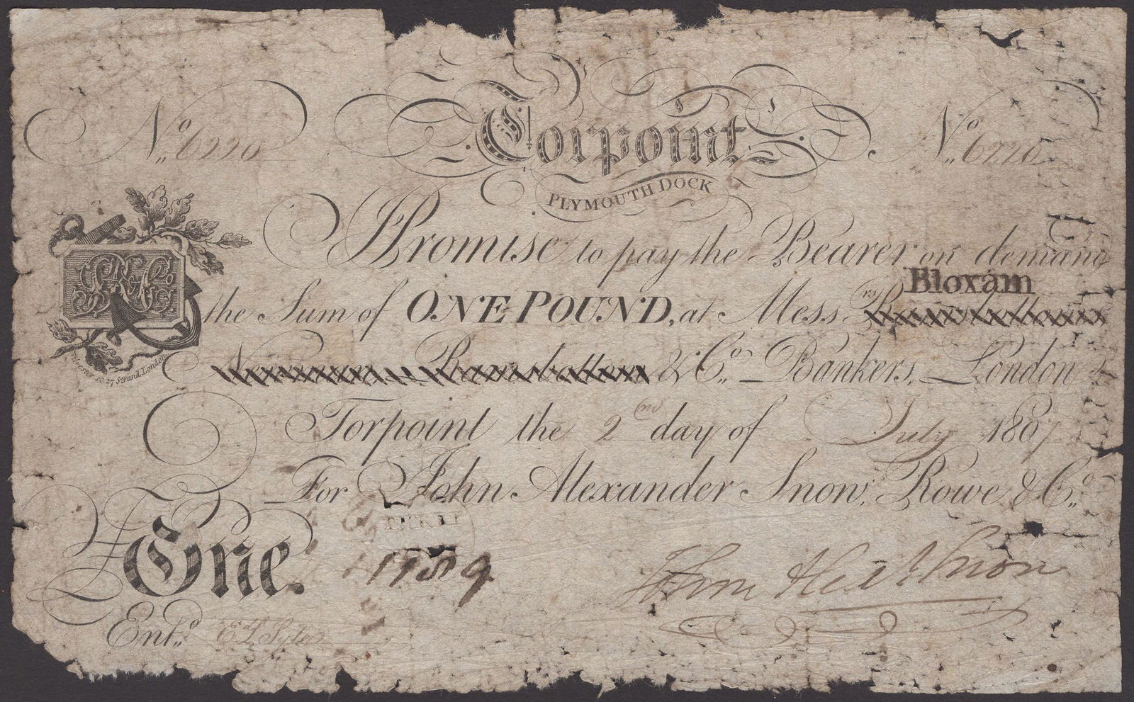 British and Irish Banknotes: Torpoint, Plymouth Dock, for John Alexander Snow, Rowe & Co., £1, 2 July 1807, serial number 6220, Snow signature, very good, scarceOuting 2186a £200-£260------For more information,