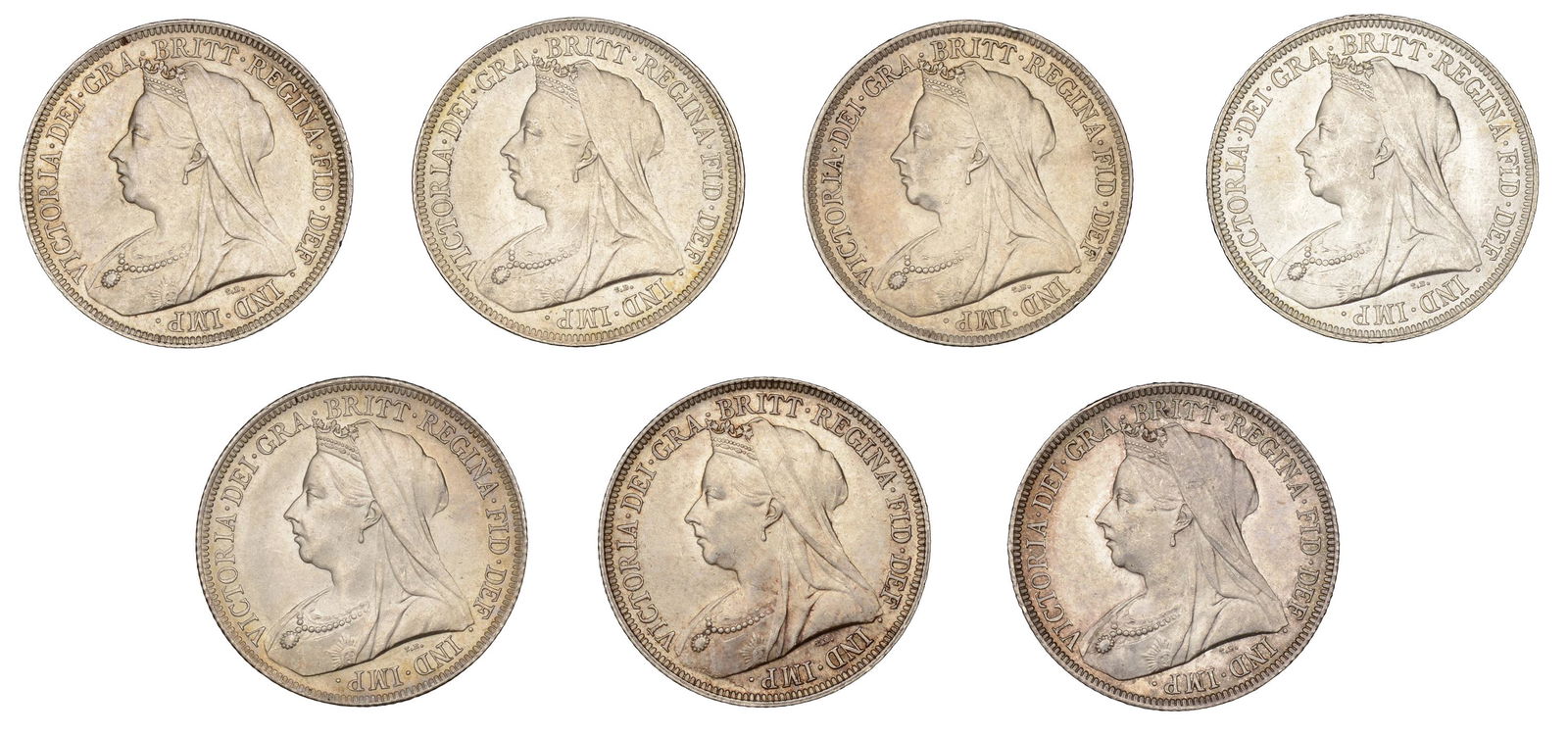 The David Marshall Collection of British Coins: Victoria (1837-1901), Shillings (7), 1895-1901 inclusive (ESC 3160-6; S 3940A) [7]. Extremely fine or better, mostly toned £300-£400------For more information, additional images and to bid