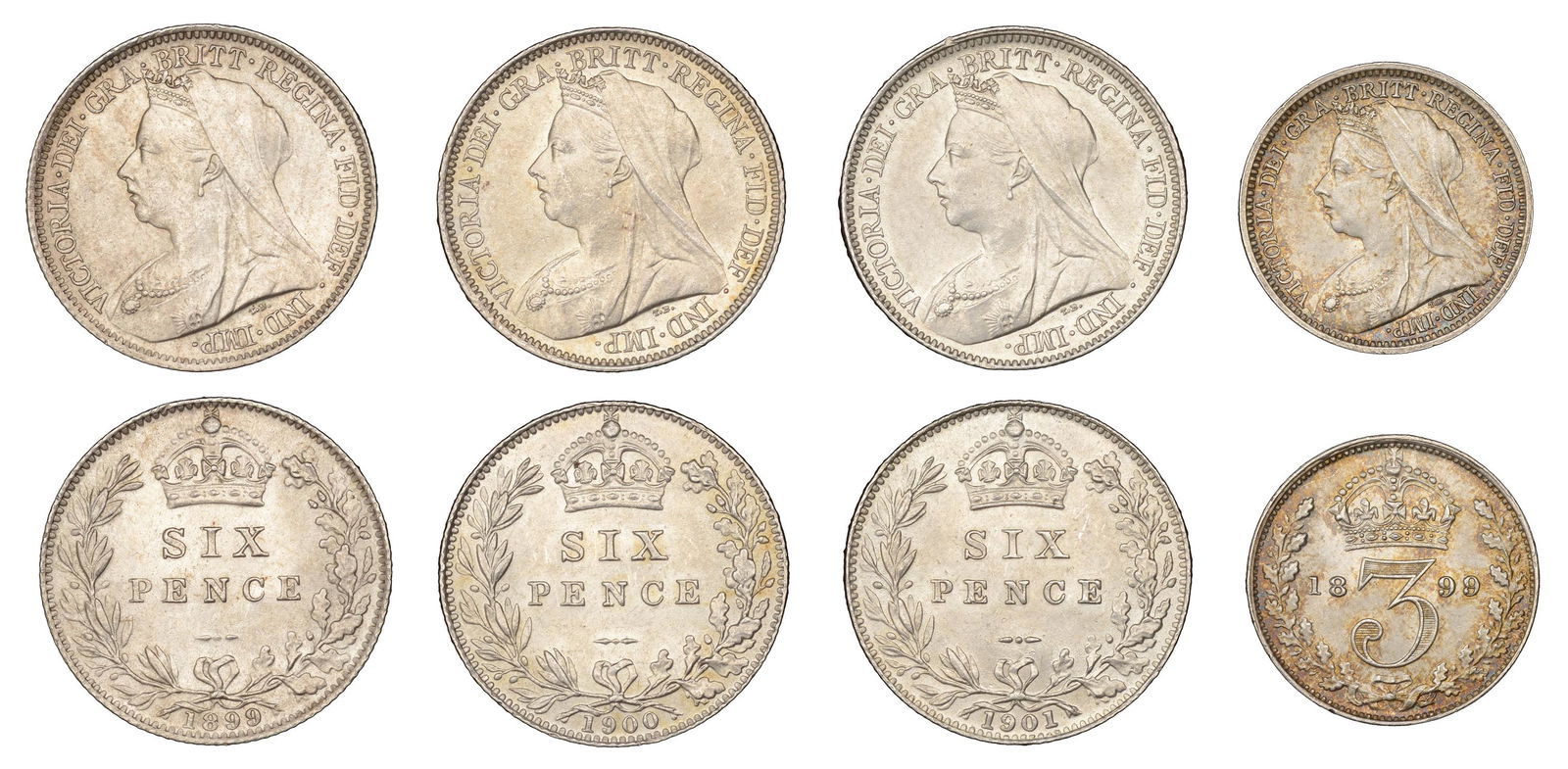 The David Marshall Collection of British Coins: Victoria (1837-1901), Sixpences (3), 1899-1901 inclusive, Threepence, 1899 (ESC 3292-4, 3451; S 3941-2) [4]. Extremely fine or better £80-£100------For more information, additional images