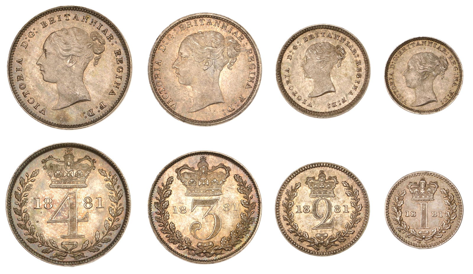 The David Marshall Collection of British Coins: Victoria (1837-1901), Maundy set, 1881 (ESC 3536; S 3916) [4]. Extremely fine £120-£150------For more information, additional images and to bid on this lot please go to the auctioneers web