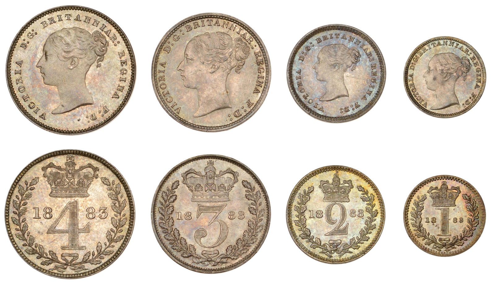 The David Marshall Collection of British Coins: Victoria (1837-1901), Maundy set, 1883 (ESC 3540; S 3916) [4]. About as struck, toned £150-£200------For more information, additional images and to bid on this lot please go to the auction