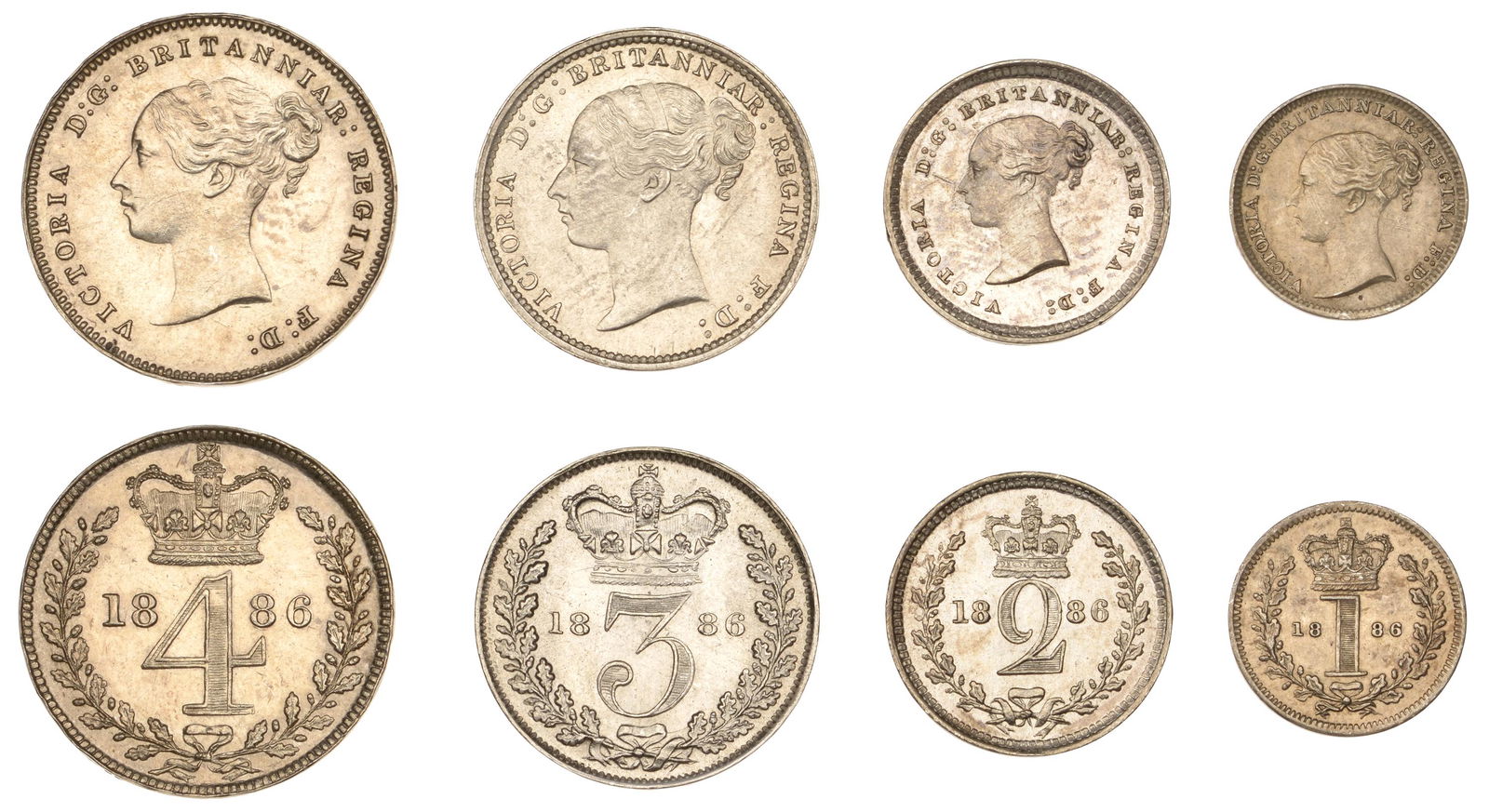 The David Marshall Collection of British Coins: Victoria (1837-1901), Maundy set, 1886 (ESC 3543; S 3916) [4]. Lightly cleaned at some time, otherwise extremely fine £120-£150------For more information, additional images and to bid on t