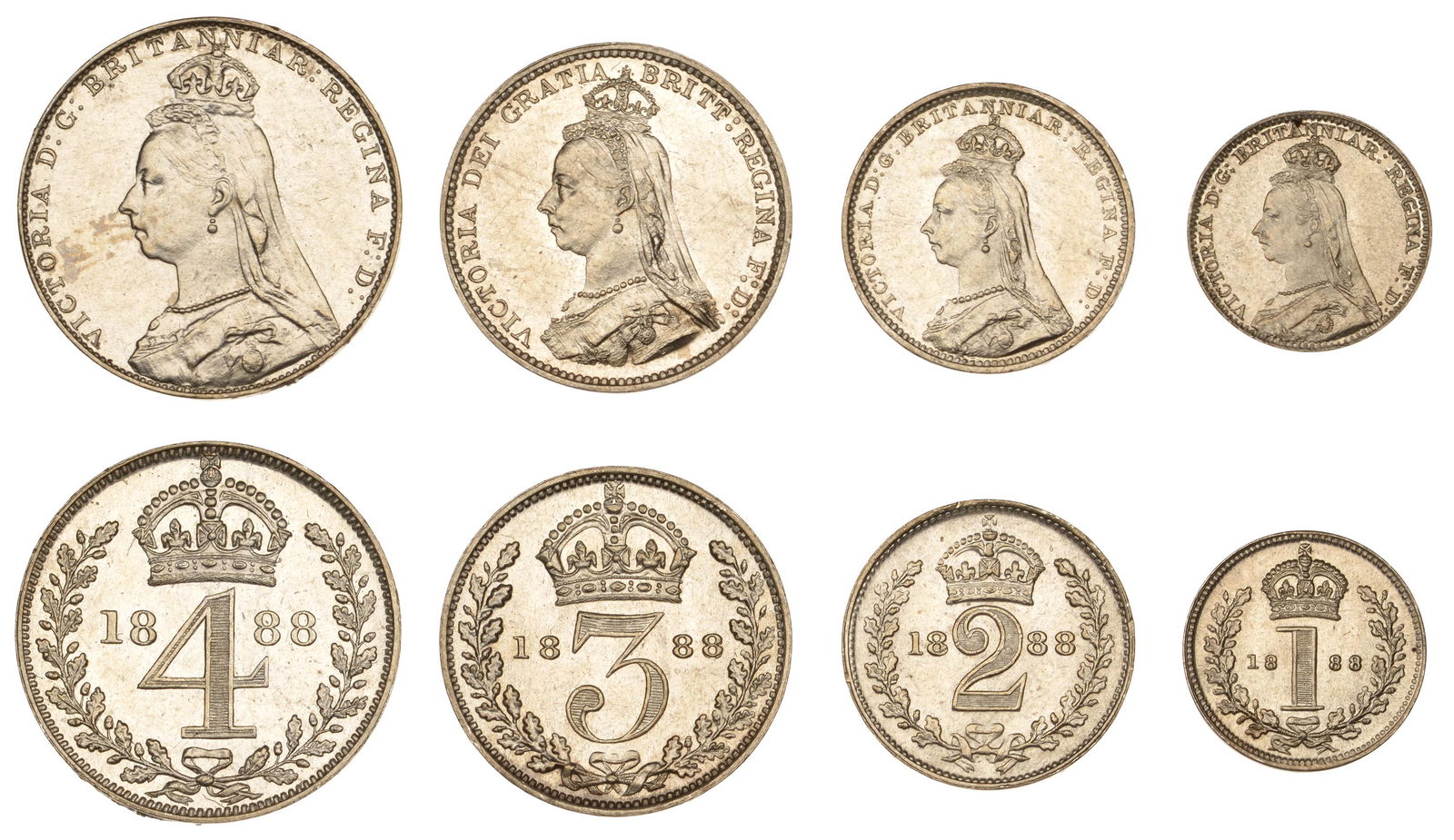The David Marshall Collection of British Coins: Victoria (1837-1901), Maundy set, 1888 (ESC 3545; S 3932) [4]. Lightly cleaned at some time, otherwise extremely fine or better £120-£150------For more information, additional images and t