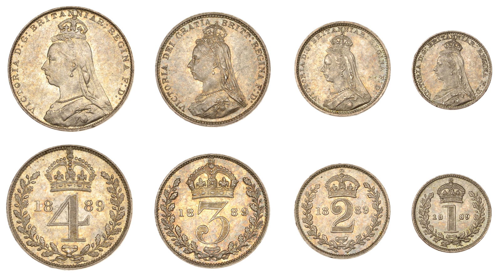 The David Marshall Collection of British Coins: Victoria (1837-1901), Maundy set, 1889 (ESC 3547; S 3932) [4]. About as struck, toned £120-£150------For more information, additional images and to bid on this lot please go to the auction