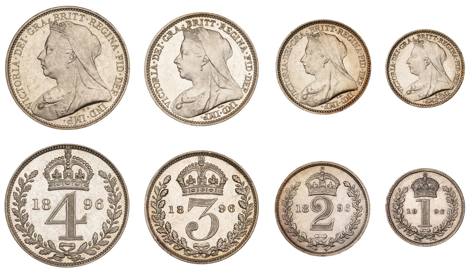 The David Marshall Collection of British Coins: Victoria (1837-1901), Maundy set, 1896 (ESC 3554; S 3943) [4]. Of bright appearance, good extremely fine £120-£150------For more information, additional images and to bid on this lot pleas