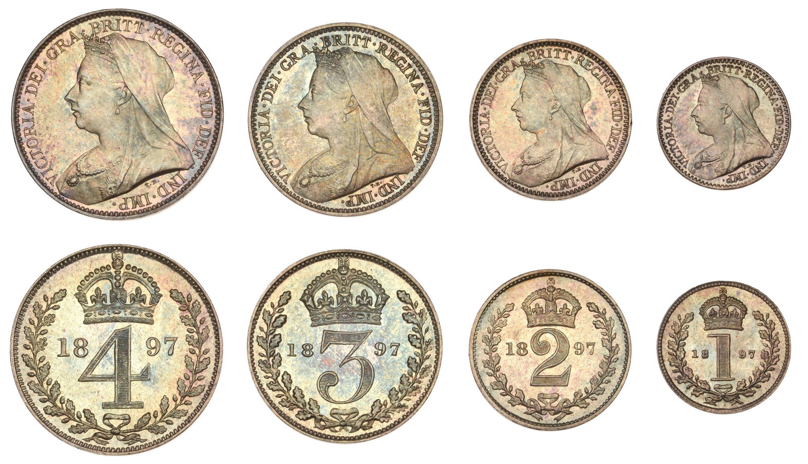 The David Marshall Collection of British Coins: Victoria (1837-1901), Maundy set, 1897 (ESC 3555; S 3943) [4]. About as struck, toned £120-£150------For more information, additional images and to bid on this lot please go to the auction
