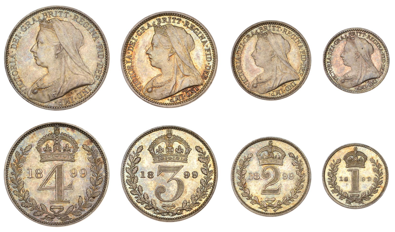 The David Marshall Collection of British Coins: Victoria (1837-1901), Maundy set, 1899 (ESC 3557; S 3943) [4]. About as struck, toned £120-£150------For more information, additional images and to bid on this lot please go to the auction