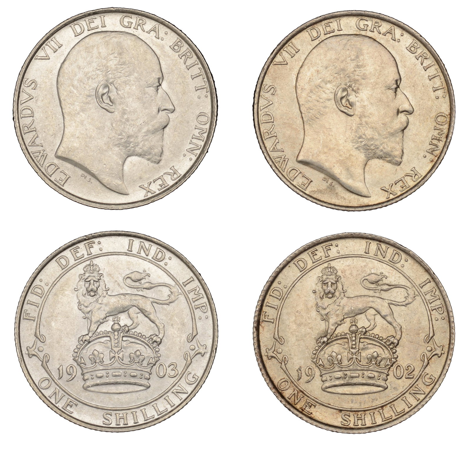 The David Marshall Collection of British Coins: Edward VII (1901-1910), Shillings (2), 1902, 1903 (ESC 3587, 3589; S 3982) [2]. Good extremely fine, but second lightly cleaned £100-£150------For more information, additional images and t