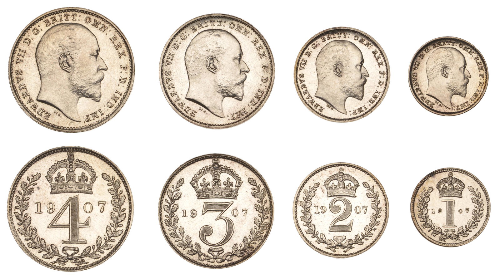 The David Marshall Collection of British Coins: Edward VII (1901-1910), Maundy set, 1907 (ESC 3613; S 3985) [4]. Of bright appearance, good extremely fine £120-£150------For more information, additional images and to bid on this lot ple