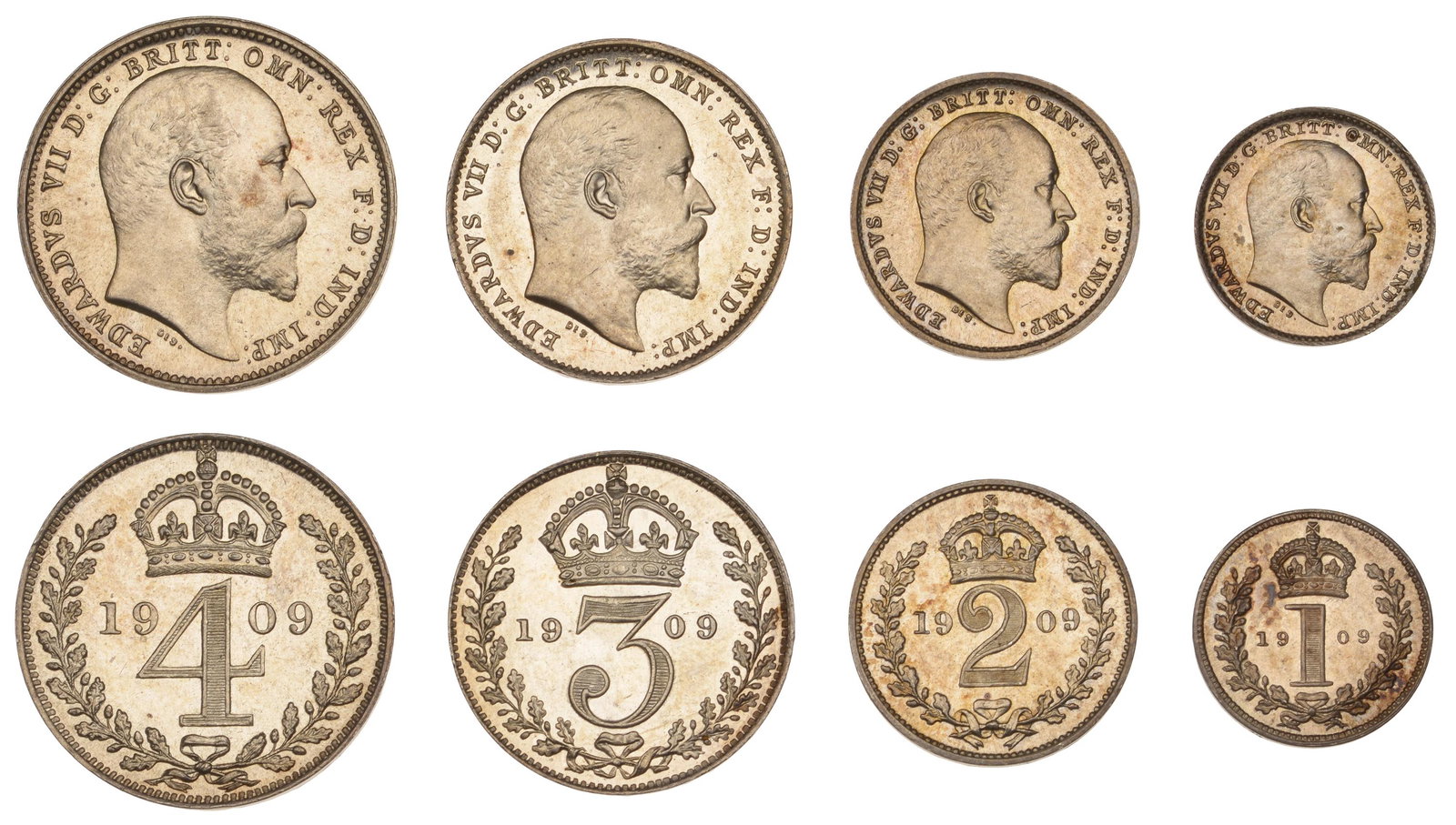 The David Marshall Collection of British Coins: Edward VII (1901-1910), Maundy set, 1909 (ESC 3615; S 3985) [4]. Good extremely fine and toned, scarce £150-£200------For more information, additional images and to bid on this lot please