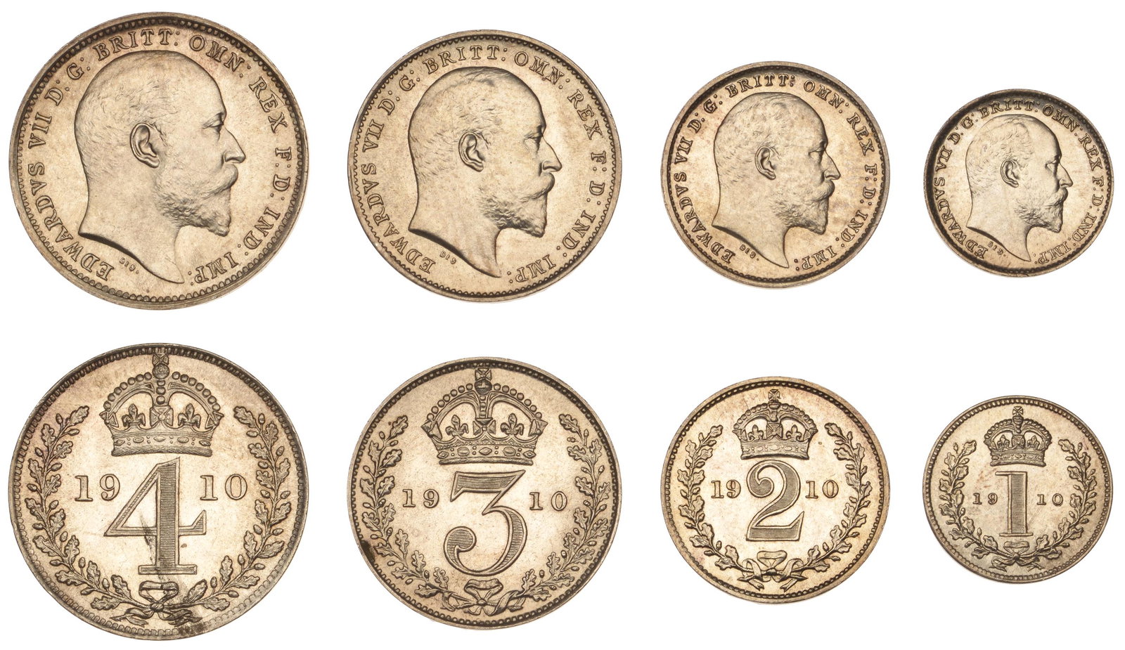 The David Marshall Collection of British Coins: Edward VII (1901-1910), Maundy set, 1910 (ESC 3616; S 3985) [4]. Good extremely fine and toned, scarce £150-£200------For more information, additional images and to bid on this lot please