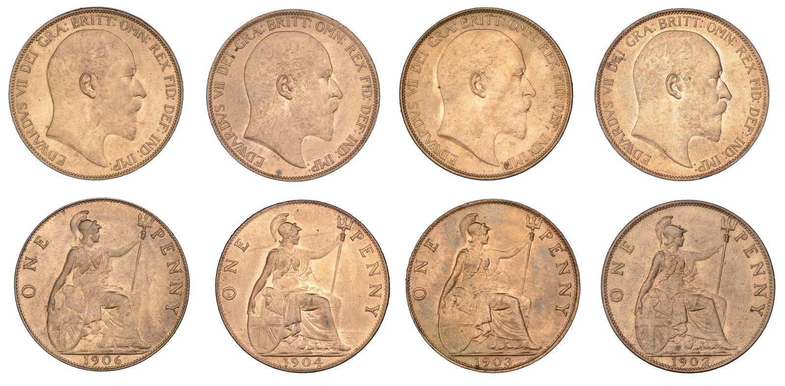 The David Marshall Collection of British Coins: Edward VII (1901-1910), Pennies (4), 1902 normal horizon, 1903, 1904, 1906 (F 157-9, 162; BMC 2206, 2208-9, 2212; S 3990) [4]. Good extremely fine or better £100-£150------For more informa