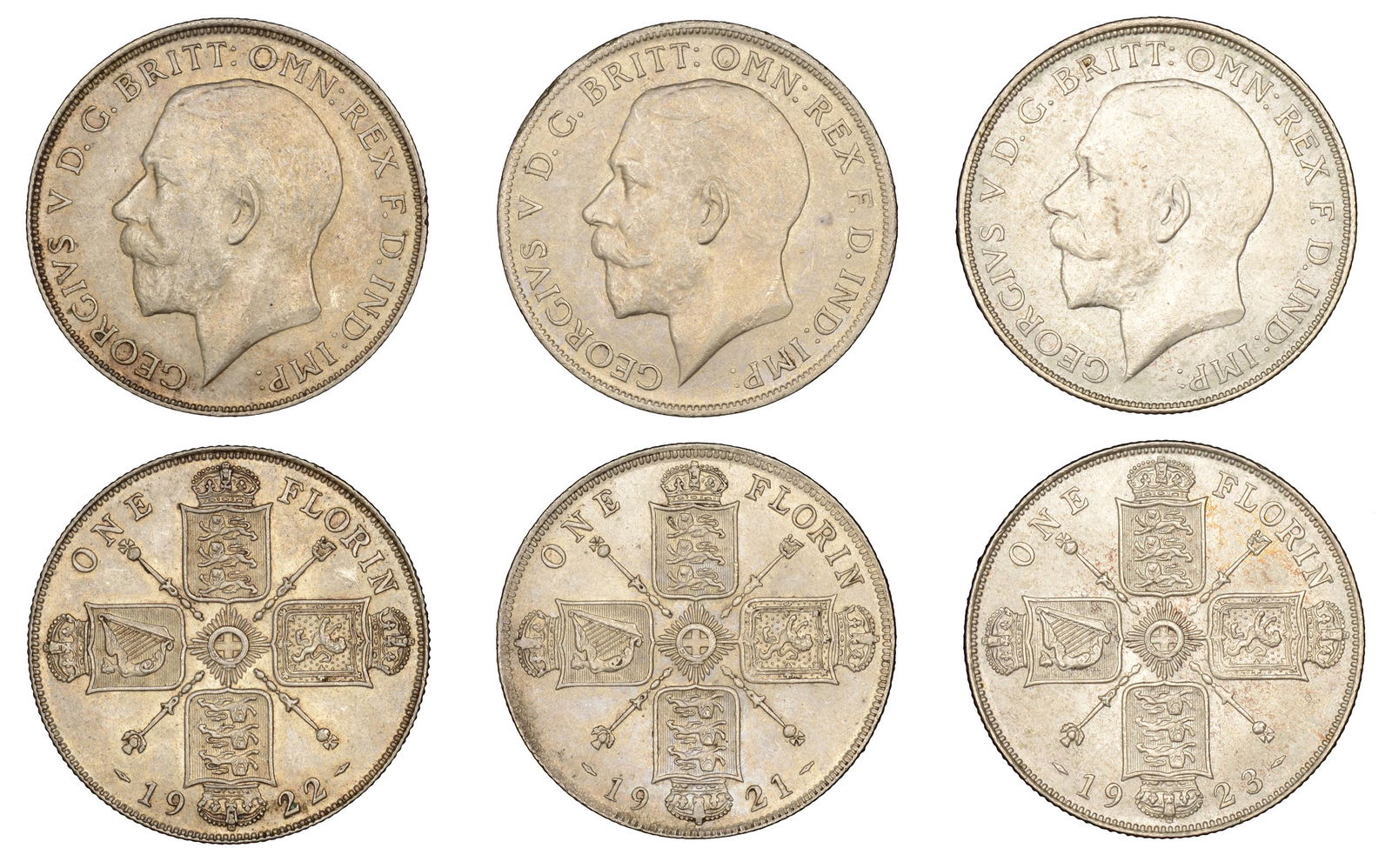 The David Marshall Collection of British Coins: George V (1910-1936), Florins (3), 1921, 1922, 1923 (ESC 3768-9, 3774; S 4022A) [3]. Good extremely fine £200-£300------For more information, additional images and to bid on this lot pleas