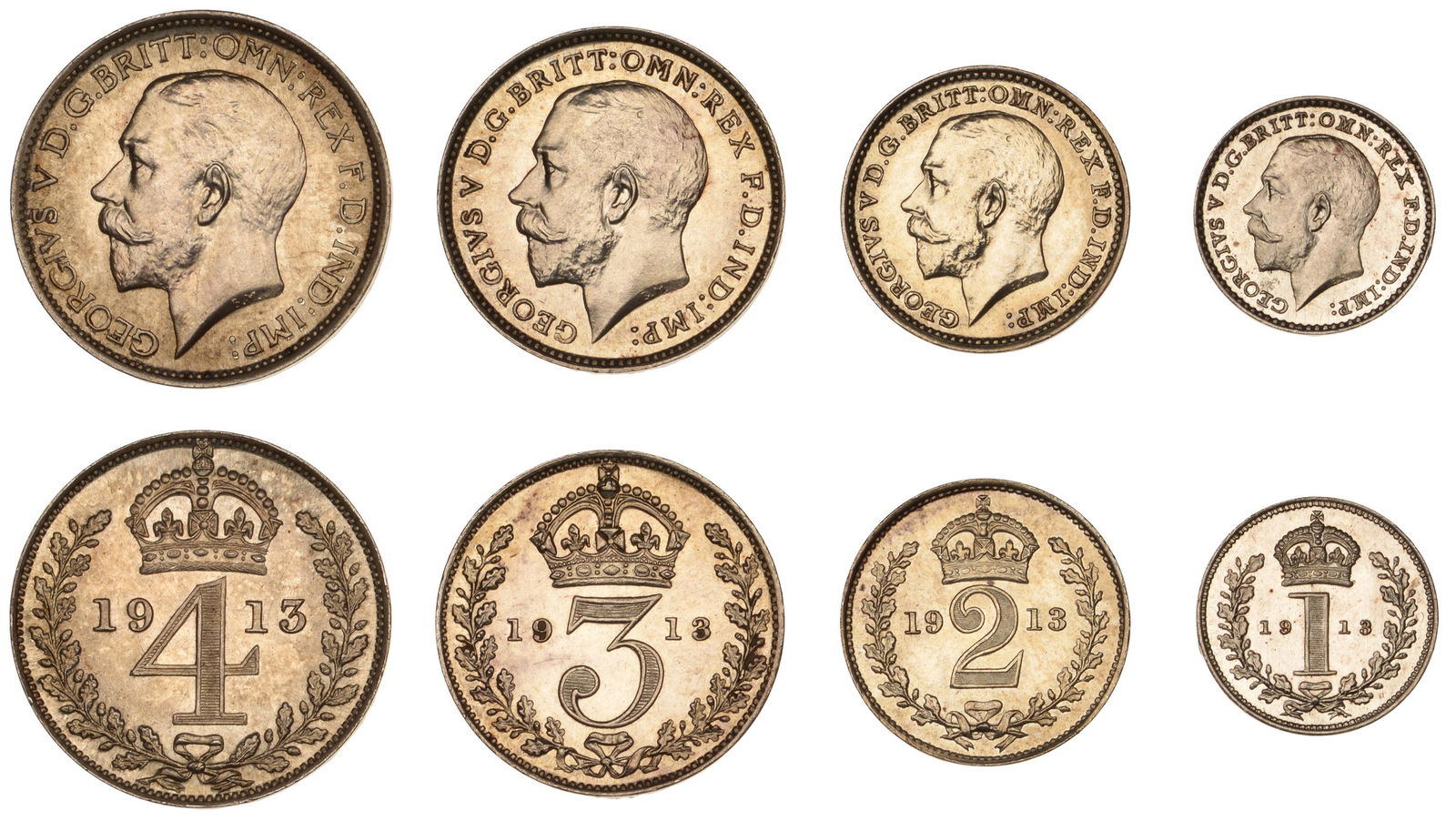 The David Marshall Collection of British Coins: George V (1910-1936), Maundy set, 1913 (ESC 3973; S 4016) [4]. About as struck, toned £120-£150------For more information, additional images and to bid on this lot please go to the auction