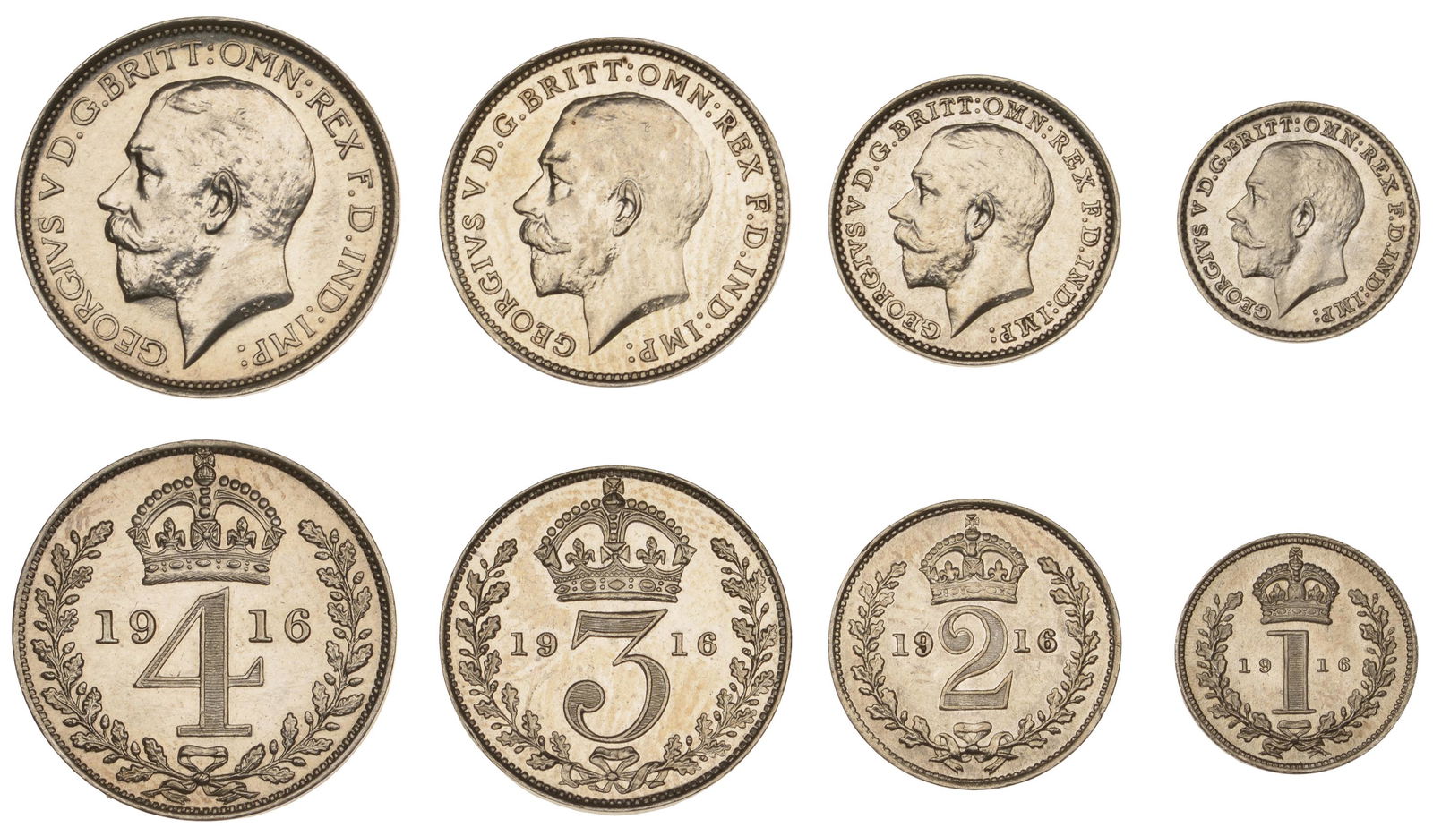 The David Marshall Collection of British Coins: George V (1910-1936), Maundy set, 1916 (ESC 3976; S 4016) [4]. Has been lightly cleaned at some time, otherwise extremely fine £120-£150------For more information, additional images and to
