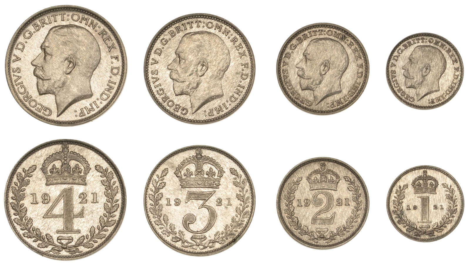 The David Marshall Collection of British Coins: George V (1910-1936), Maundy set, 1921 (ESC 3981; S 4027) [4]. About as struck £120-£150------For more information, additional images and to bid on this lot please go to the auctioneers we