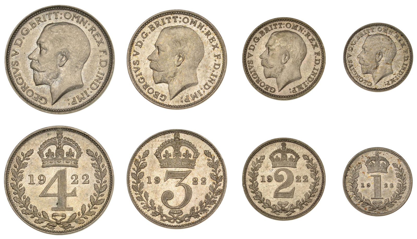 The David Marshall Collection of British Coins: George V (1910-1936), Maundy set, 1922 (ESC 3982; S 4027) [4]. About as struck £120-£150------For more information, additional images and to bid on this lot please go to the auctioneers we