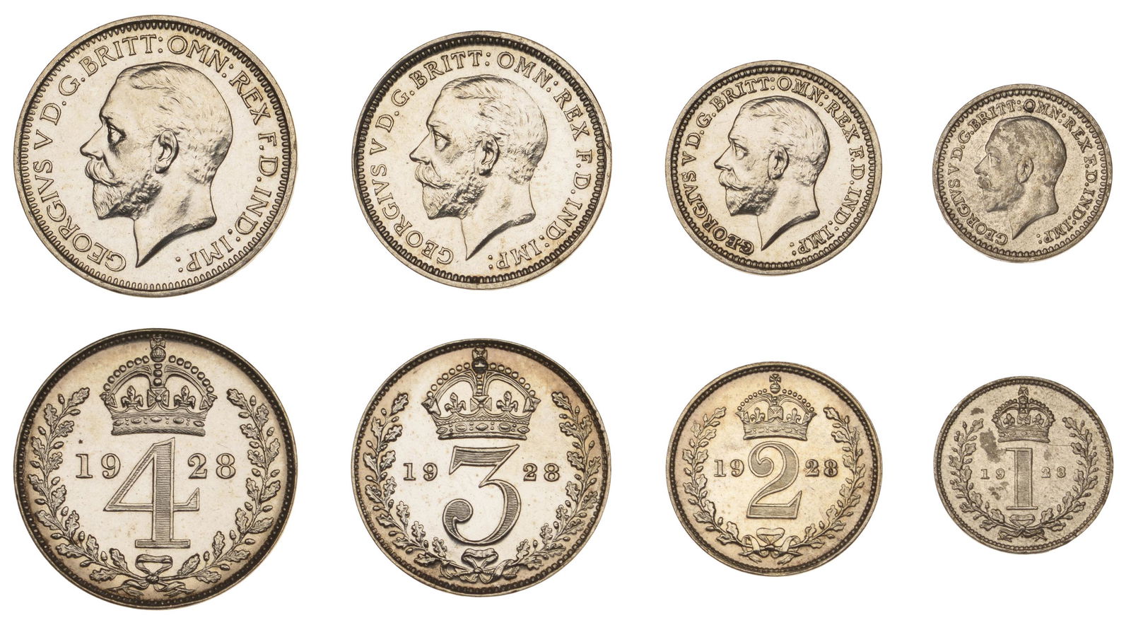 The David Marshall Collection of British Coins: George V (1910-1936), Maundy set, 1928 (ESC 3988; S 4043) [4]. Has been lightly cleaned at some time, otherwise extremely fine £120-£150------For more information, additional images and to