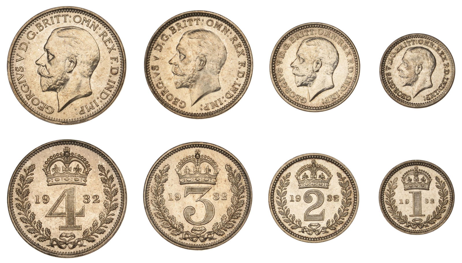 The David Marshall Collection of British Coins: George V (1910-1936), Maundy set, 1932 (ESC 3993; S 4043) [4]. About as struck £120-£150------For more information, additional images and to bid on this lot please go to the auctioneers we