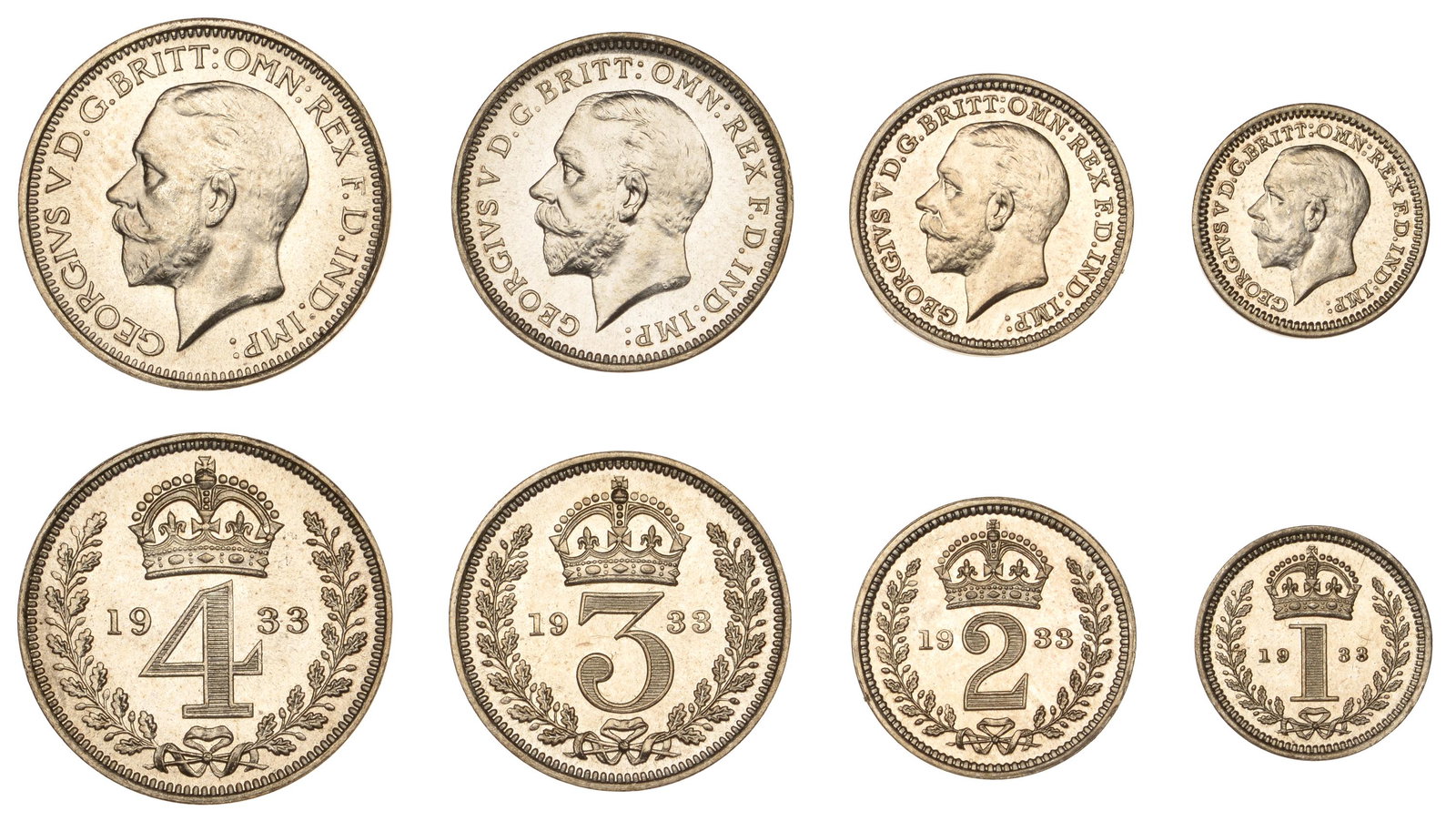 The David Marshall Collection of British Coins: George V (1910-1936), Maundy set, 1933 (ESC 3994; S 4043) [4]. About as struck £120-£150------For more information, additional images and to bid on this lot please go to the auctioneers we