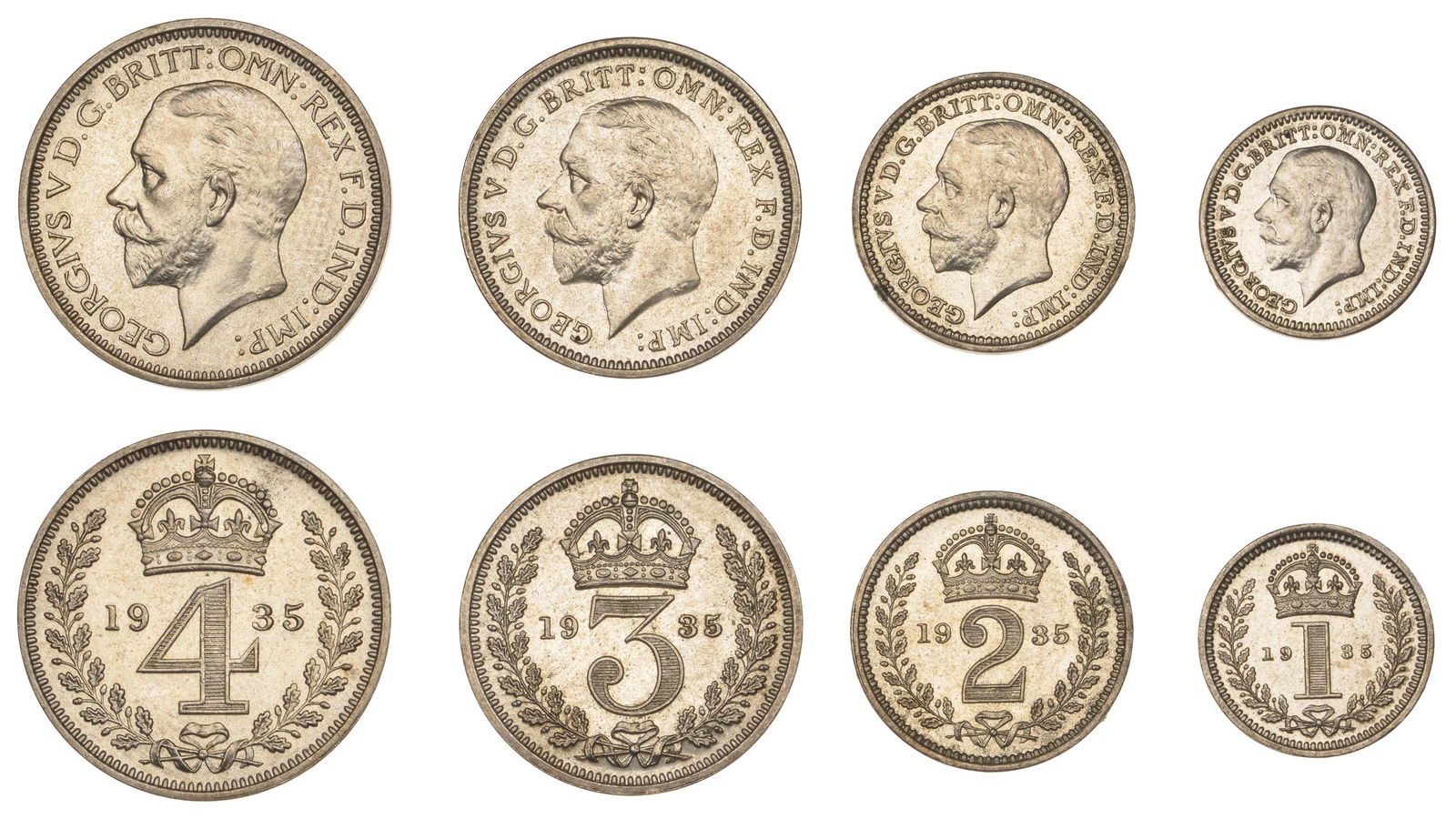The David Marshall Collection of British Coins: George V (1910-1936), Maundy set, 1935 (ESC 3996; S 4043) [4]. About as struck, scarce £120-£150------For more information, additional images and to bid on this lot please go to the auctio