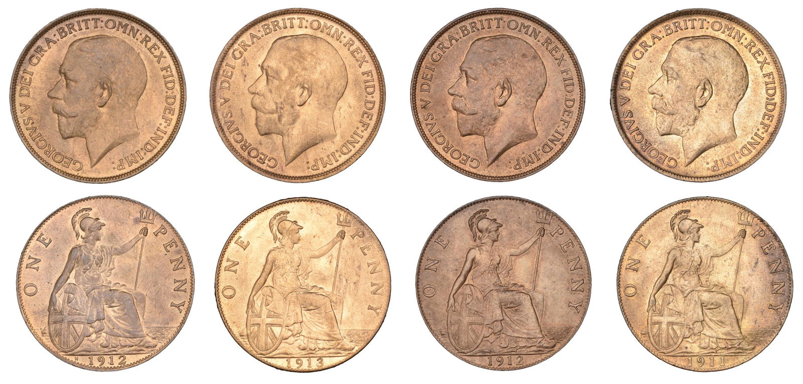 The David Marshall Collection of British Coins: George V (1910-1936), Pennies (4), 1911, 1912, 1912h, 1913 (F 171-4; BMC 2242-5; S 4051-2) [4]. Good extremely fine or better, but third with faint graffiti on reverse £100-£150------For m