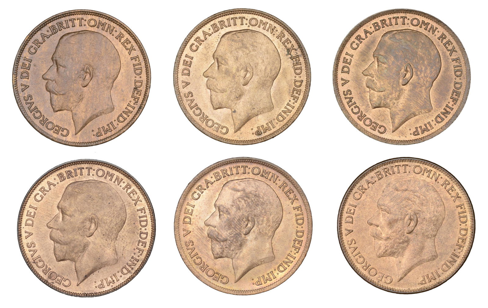 The David Marshall Collection of British Coins: George V (1910-1936), Pennies (6), 1918-21 inclusive, 1926 type 1, 1927 (F 182, 185, 188, 190, 193, 197; BMC 2252, 2255, 2258, 2260, 2263, 2267; S 4051, 4054A) [6]. Extremely fine or better £100