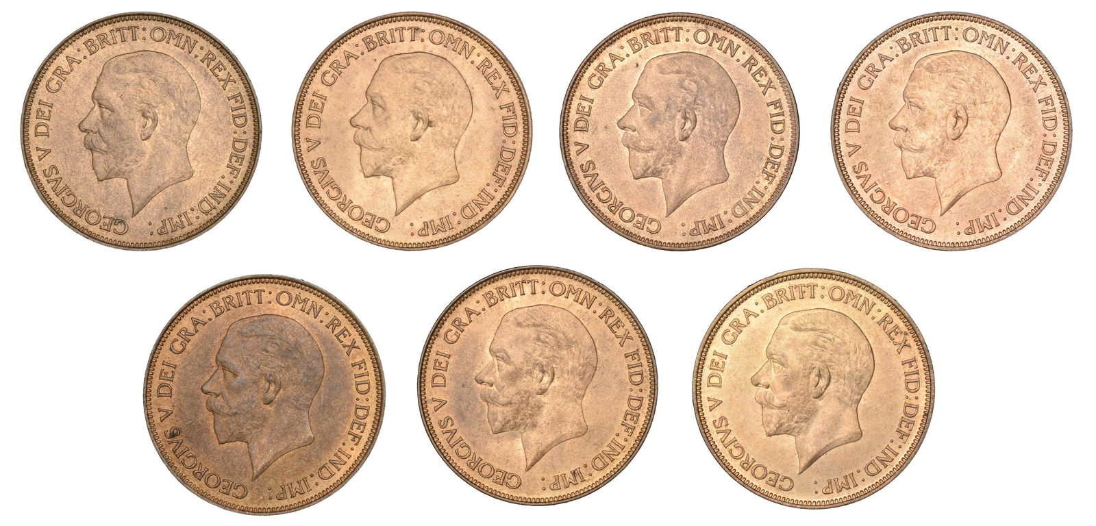 The David Marshall Collection of British Coins: George V (1910-1936), Pennies (7), 1928-32 inclusive, 1935, 1936 (F 199, 201, 203, 205, 207, 212, 214; BMC 2269, 2271, 2273, 2275, 2277, 2282A, 2359; S 4055) [7]. Extremely fine or better £100-&