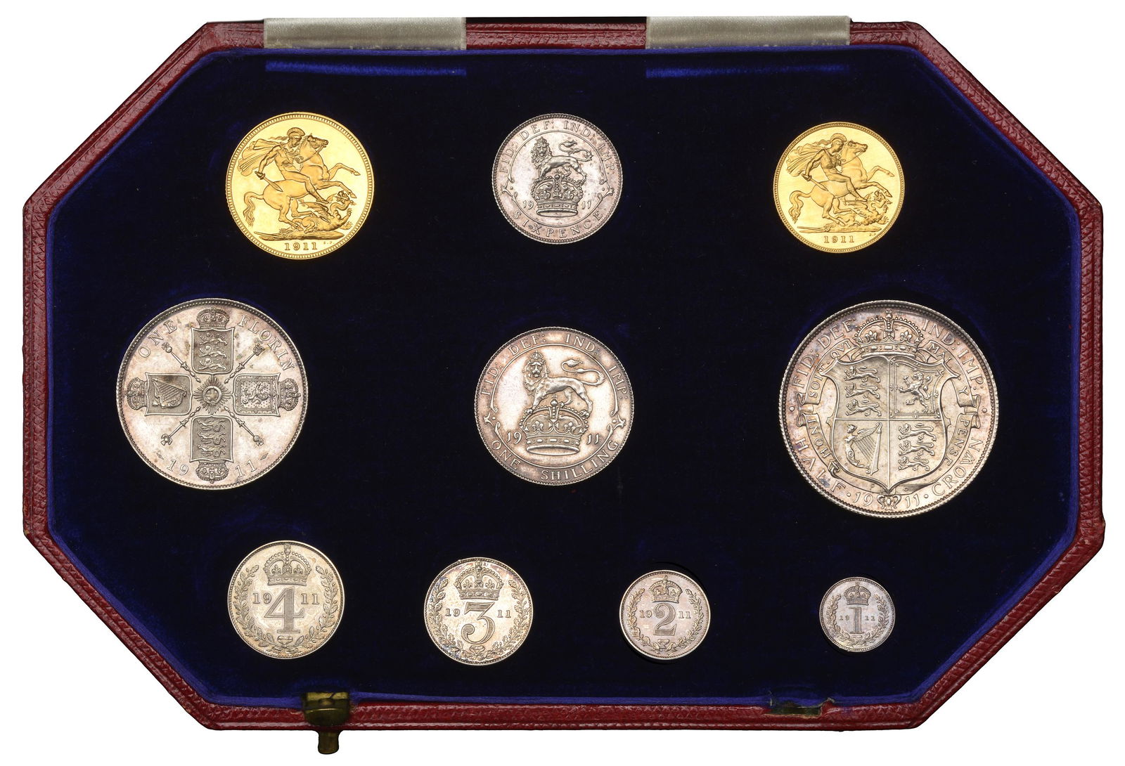 The David Marshall Collection of British Coins: George V (1910-1936), Proof set, 1911, comprising Sovereign and Half-Sovereign, Halfcrown to Maundy Penny [8]. All brilliant, silver with matching tone; in official red case of issue £2,400-&pou